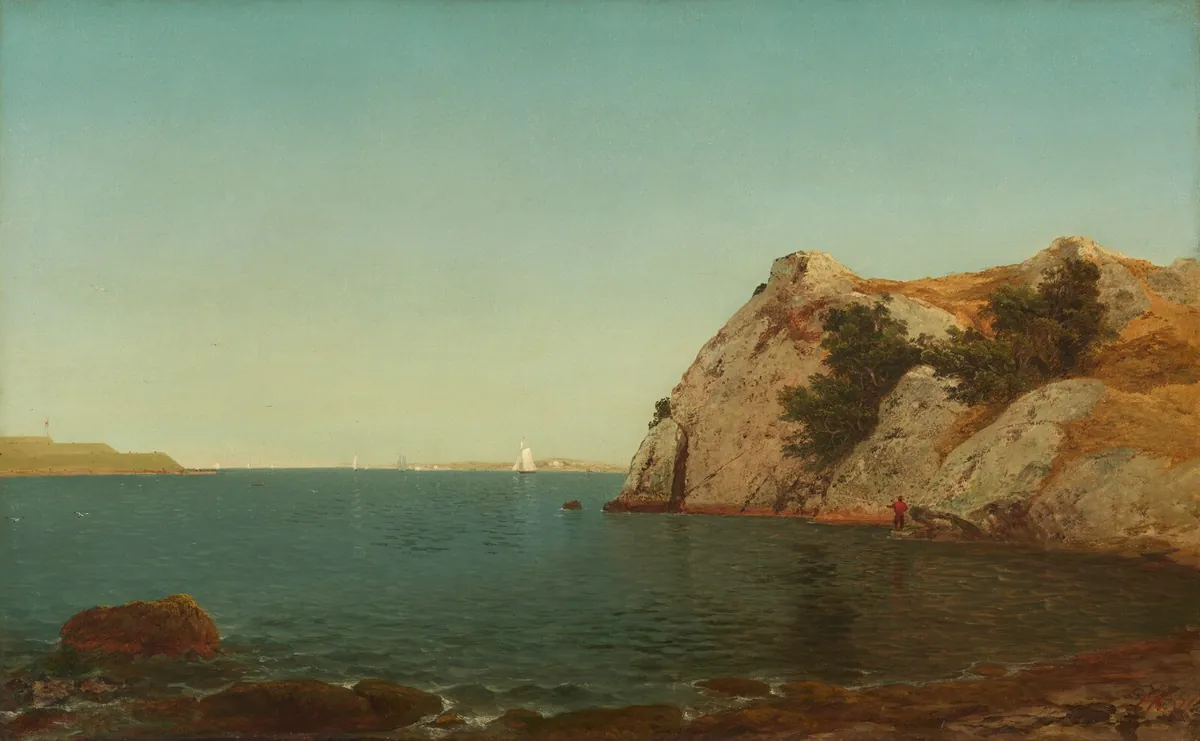 Painting of a rocky headland over calm harbor water