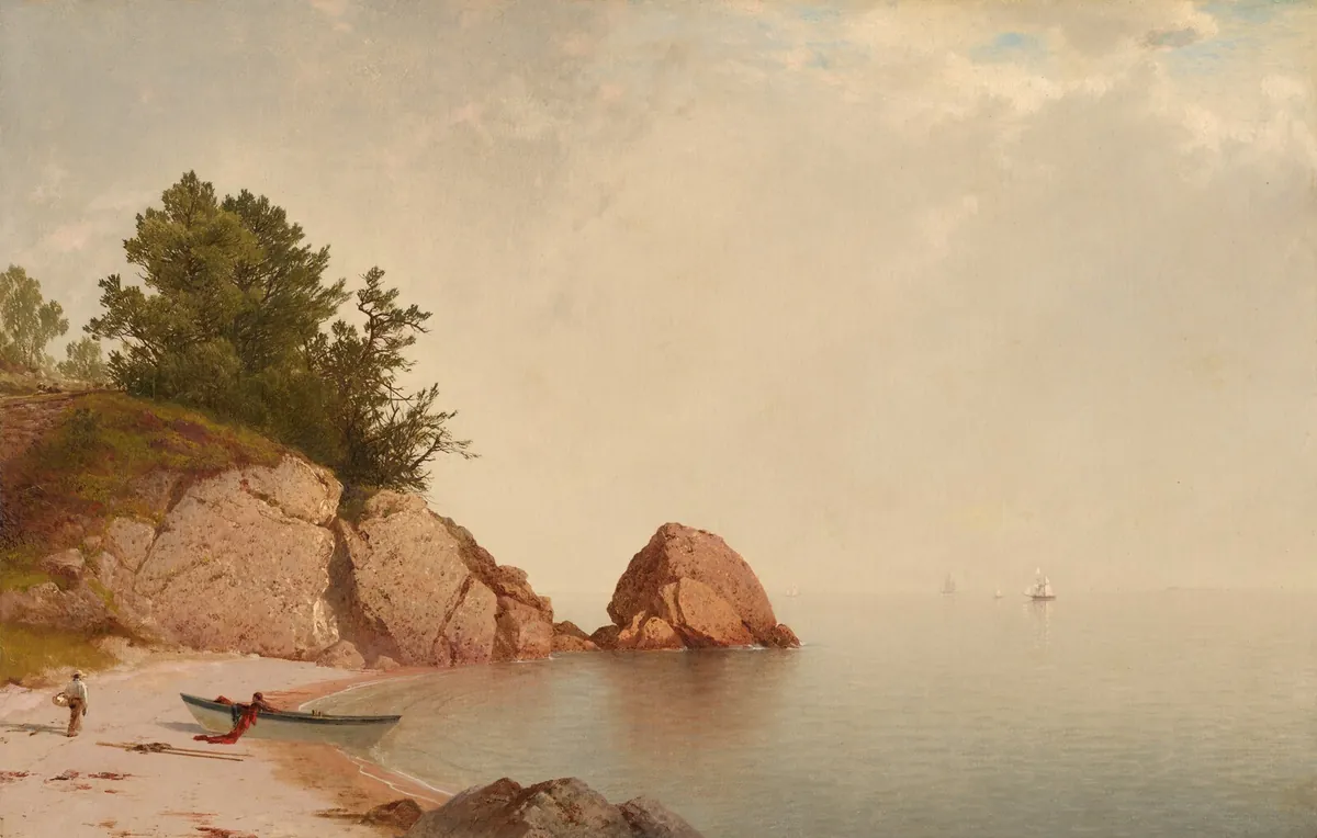 Painting of a quiet beach with rocks and a beached boat