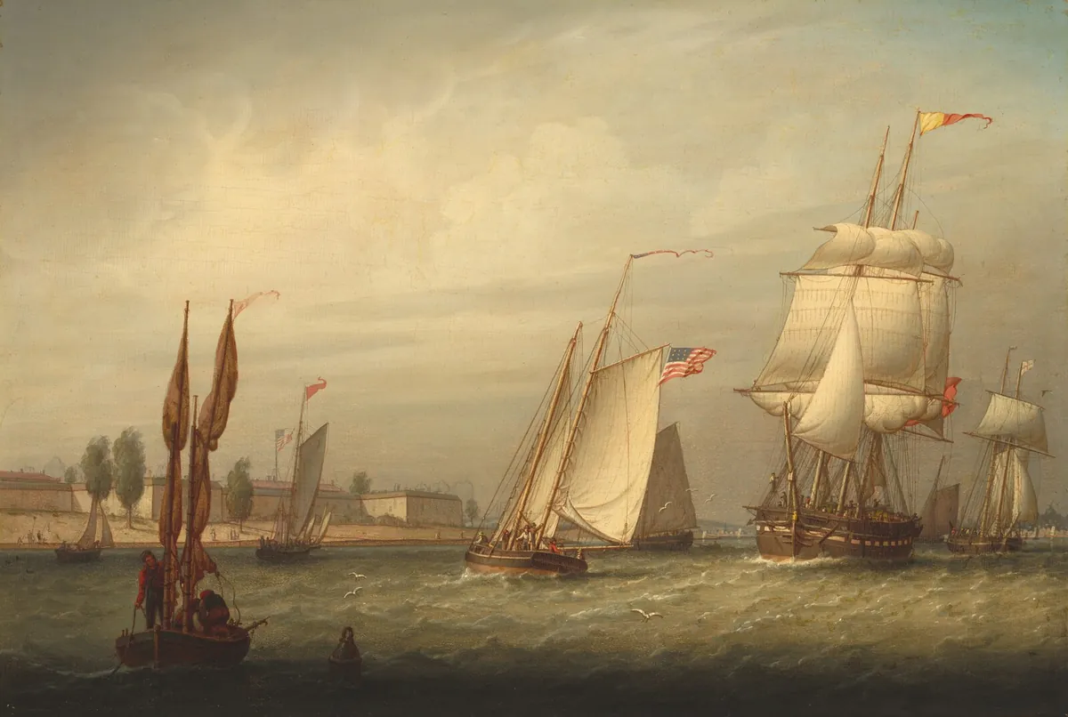 Painting of sailing ships and small boats in Boston Harbor