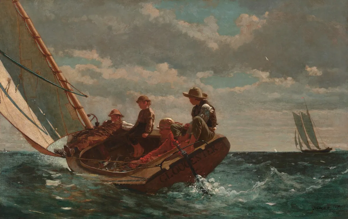 Painting of a boy and men sailing a small catboat through choppy water