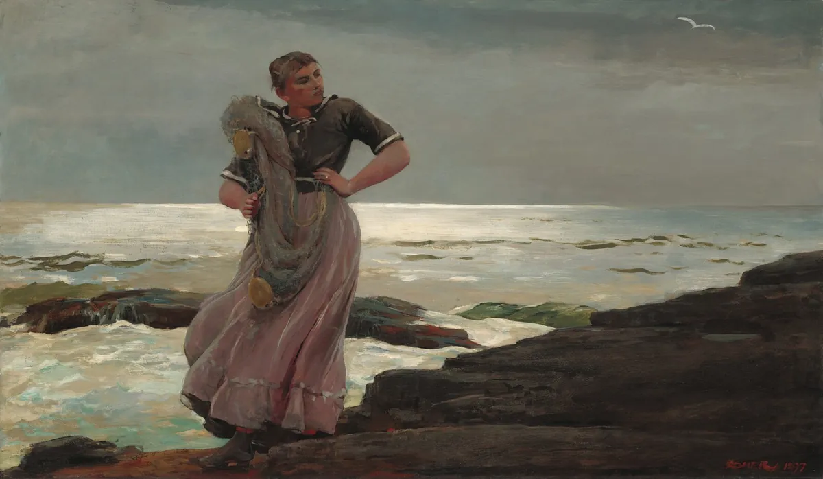 Painting of a woman with a fishing net standing on rocks by a bright sea