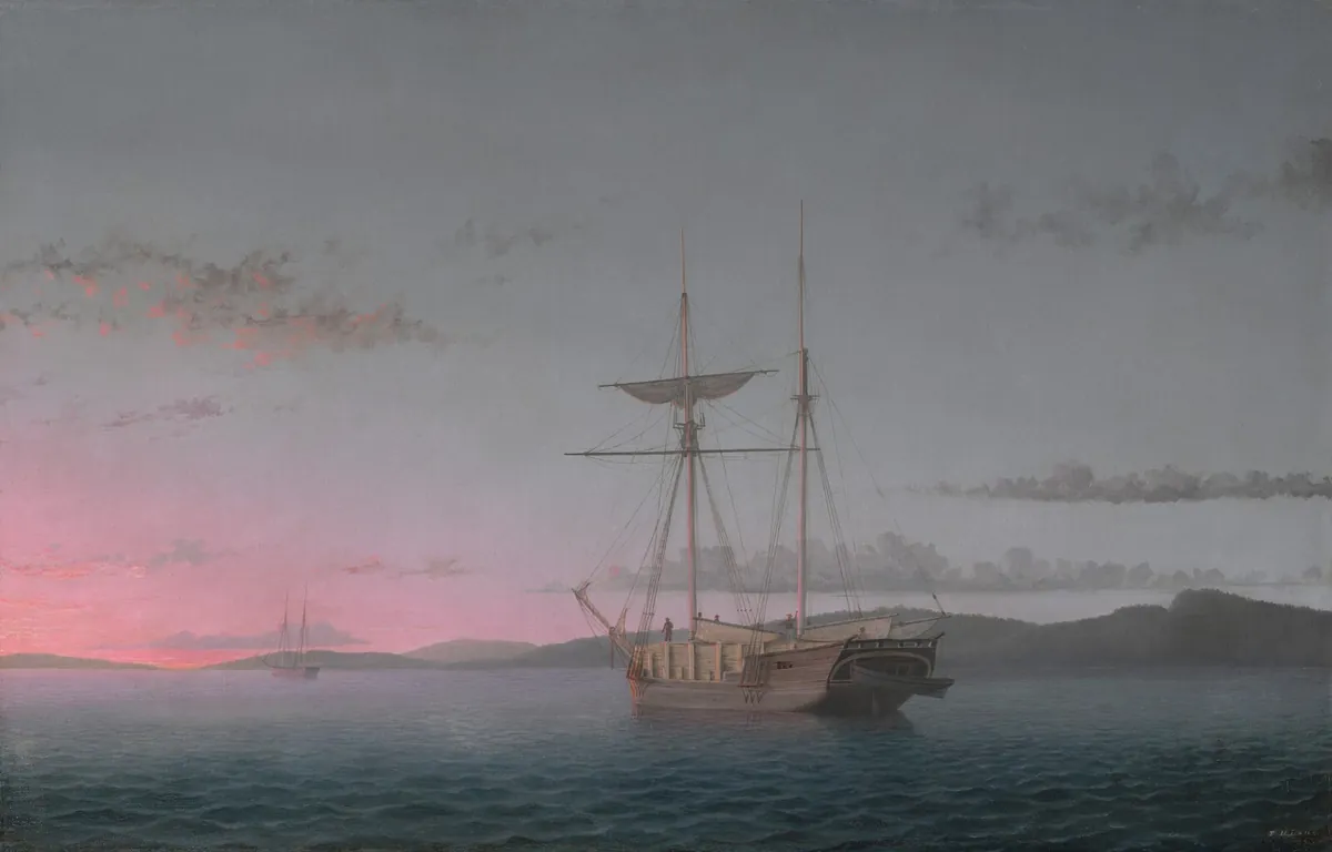 Painting of schooners on a still bay at dusk
