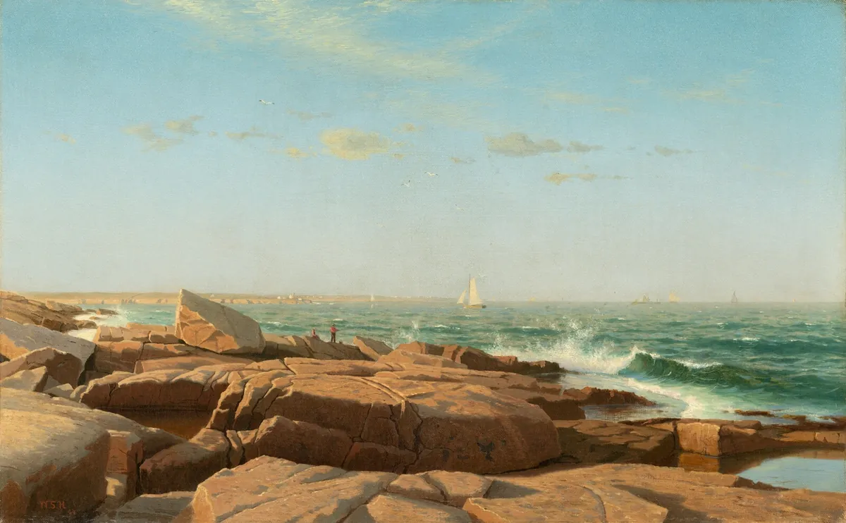 Painting of waves breaking on pink rocks along a bay