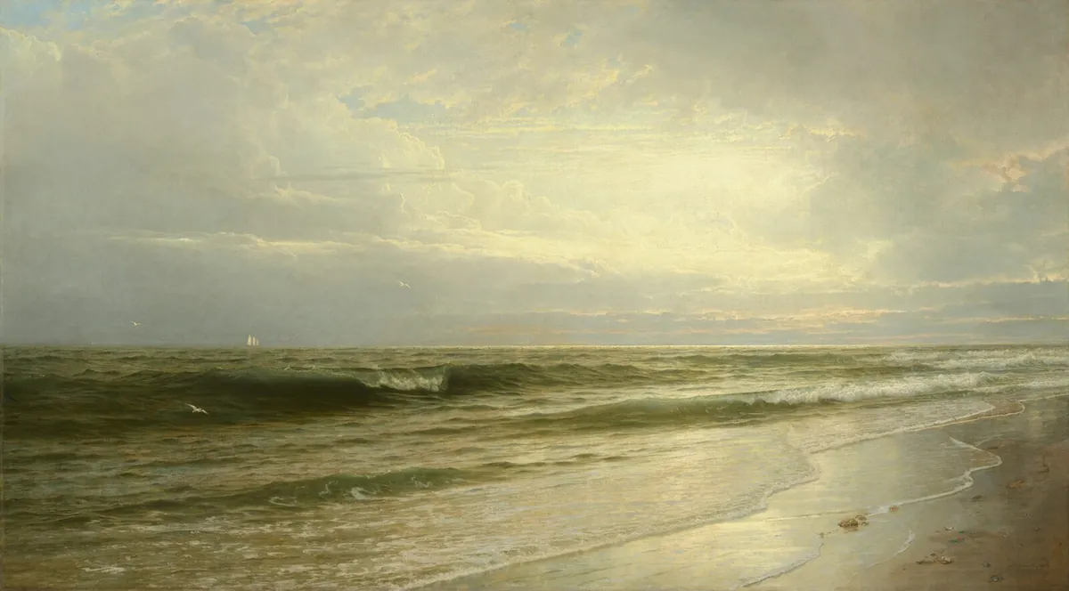 Painting of waves rolling onto a beach under a bright sky