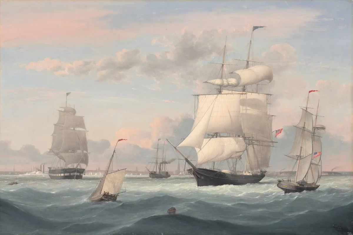 Painting of sailing ships under full sail in New York Harbor