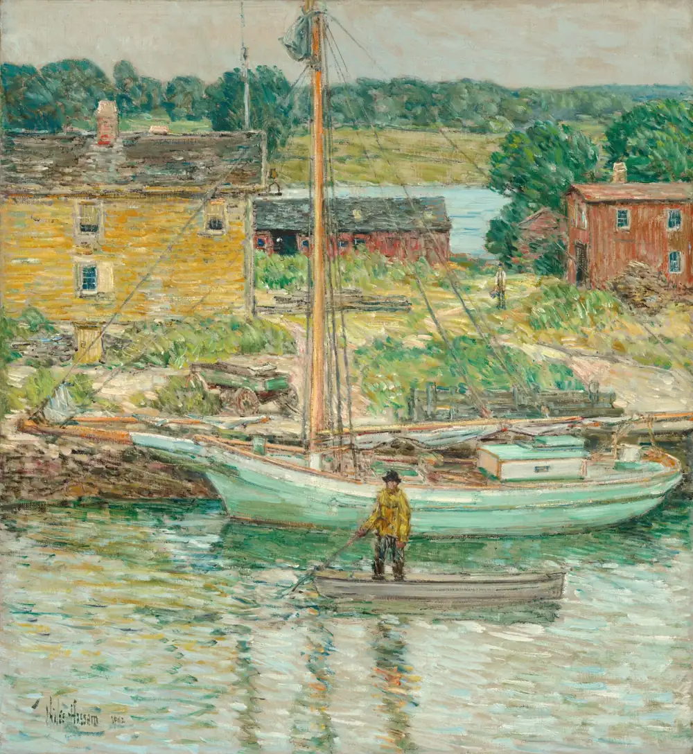 Painting of a sailboat moored by houses in a small harbor