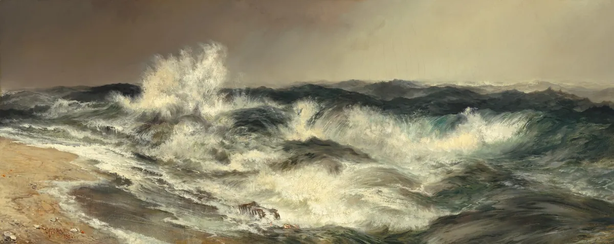 Painting of large waves crashing on a shore